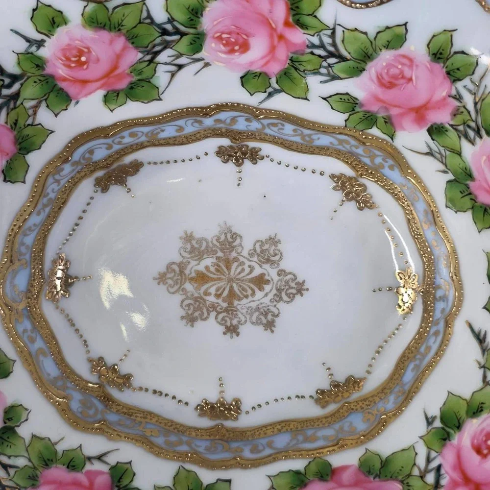 Antique Nippon IE&C Co Hand Painted 4-Footed Porcelain Bowl Cobalt Pink Roses 9